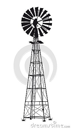 Detailed black vector windmill illustration on white background Vector Illustration