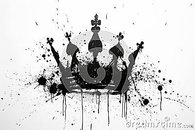 A detailed black and white drawing of a regal crown, grunge ink graffiti spray pattern splashes white background Stock Photo
