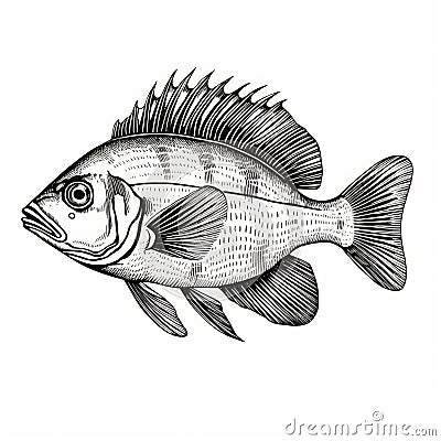 Detailed Black And White Fishing Fish Carving - Botanical Illustration Style Stock Photo