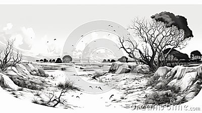 Detailed Black And White Landscape Illustration With Icy Stream Cartoon Illustration