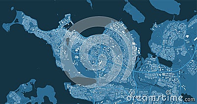 Detailed blue vector map poster of Reykjavik city, linear print map. Skyline urban panorama Cartoon Illustration