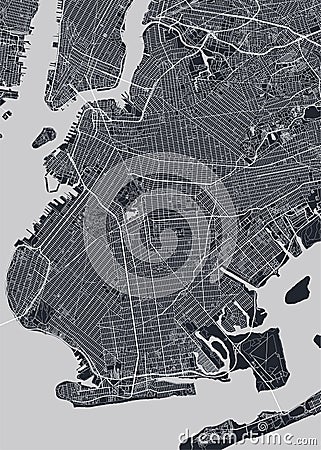 Detailed borough map of Brooklyn New York city, monochrome vector poster or postcard city street plan aerial view Vector Illustration