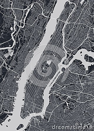 Detailed borough map of Manhattan New York city, monochrome vector poster or postcard city street plan aerial view Vector Illustration