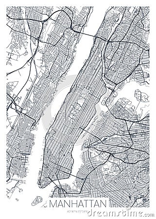 Detailed borough map of Manhattan New York city, vector poster or postcard for city road and park plan Vector Illustration