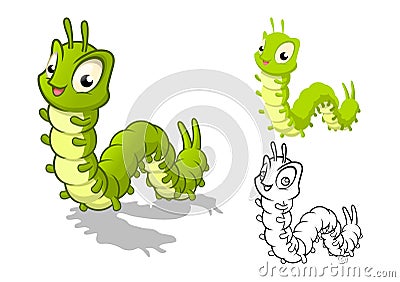 Detailed Caterpillar Cartoon Character with Flat Design and Line Art Black and White Version Vector Illustration