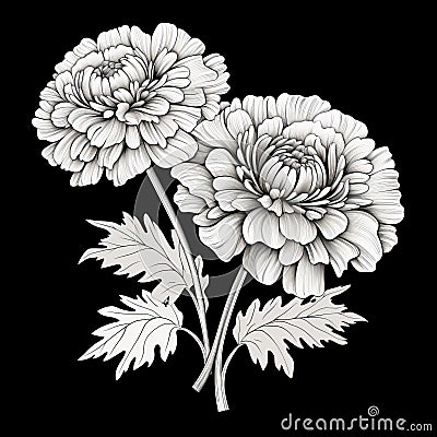 Detailed Character Design: Two Chrysanthemum Flowers On Black Background Cartoon Illustration