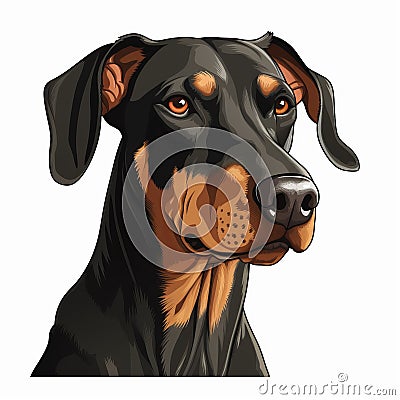 Realistic Doberman Dog Portrait In Cartoon Style Cartoon Illustration