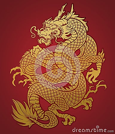 Coiled Chinese Dragon Gold on Red Vector Illustration