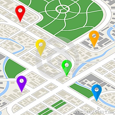 Detailed city map in isometric view with colourful GPS pins Vector Illustration