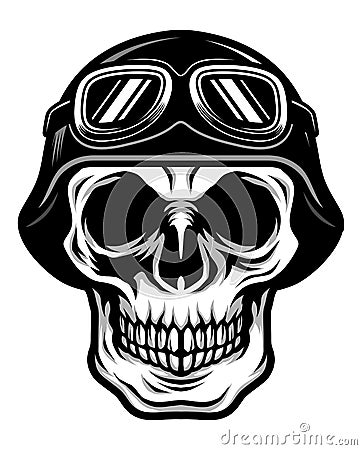 Detailed Classic Skull Head Wearing Retro Biker Helmet and Pilot Goggles Illustration Vector Illustration