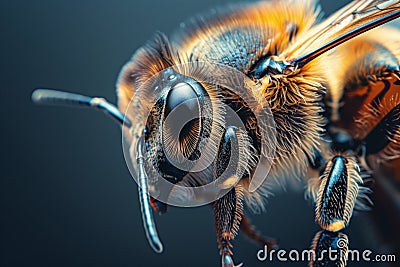 Detailed close up of a bees face, showcasing its intricate features and compound eyes Stock Photo