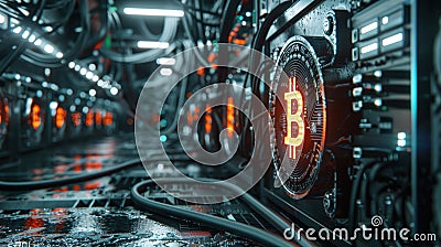 Detailed close-up of Bitcoin mining hardware in a data center, showcasing the complex setup and glowing Bitcoin symbols Stock Photo