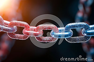 detailed close up of chain featuring red and blue links showcasing intricate textures and reflections image captures interplay Stock Photo