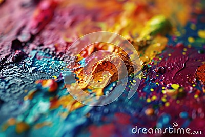 A detailed close-up of a colorful paint palette showcasing a vibrant array of splatters and swatches in various hues and Stock Photo