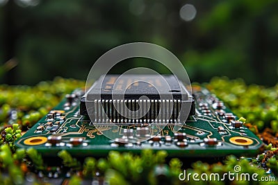 Detailed close up of a computer circuit board with a cpu and intricate electronic components. Stock Photo