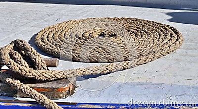 Detailed close up detail of ropes and cordage in the rigging of an old wooden vintage sailboat Stock Photo