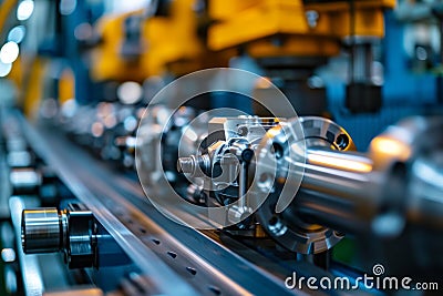 Detailed close-up image of an automobile internal combustion engine in the assembly shop of car factory. Use of modern Stock Photo