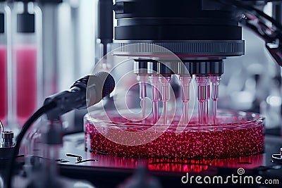 Advanced Scientific Liquid Handling Robot in Lab Close-up of Robotic Pipetting Process Stock Photo