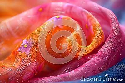 Detailed close-up of a vibrant pink and orange scarf with intricate patterns and textures Stock Photo