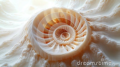 Detailed close-up view of nautilus shell spiral. Intricate spiral pattern, organic texture showcase biomimicry principles. Shell Stock Photo