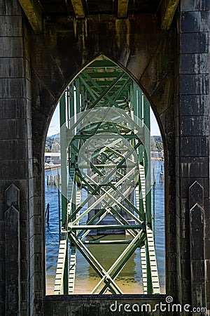 Detailed close up view of Yaquina Bay Bridge along US Highway 101 in Newport Oregon Stock Photo