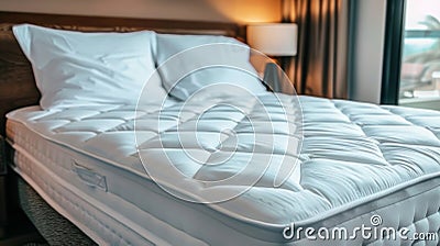 Detailed close up of a white mattress protector on a bed for enhanced search relevance Stock Photo