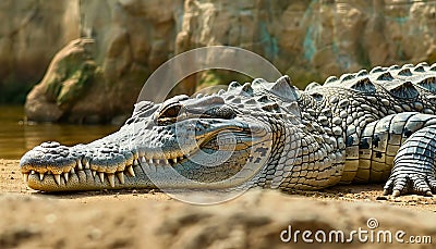 Detailed close up of a wild crocodile in its natural habitat, capturing intricate features Stock Photo