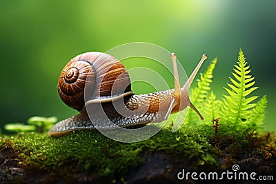 A detailed closeup of a snail navigating through vibrant green moss and ferns bathed in soft sunlight Stock Photo