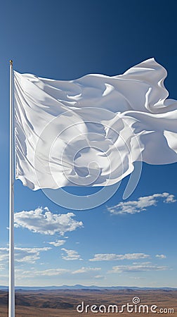 Detailed closeup of a white flag waving proudly on a flagpole Stock Photo