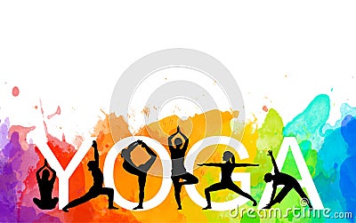 Detailed colorful silhouette yoga people illustration watercolor background. Cartoon Illustration