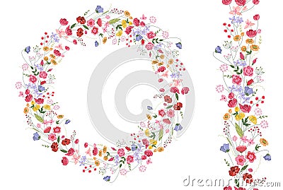 Detailed contour wreath with herbs and bright wild Vector Illustration
