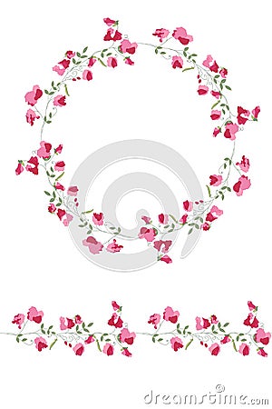 Detailed contour wreath and seamless pattern brush with sweet peas isolated on white. Endless horizontal texture. Stock Photo