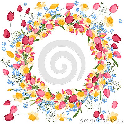 Detailed contour wreath with tulips and daffodils Vector Illustration