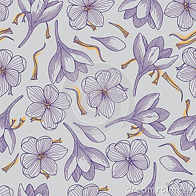 Detailed Crocus Flowers and Saffron Seamless Pattern on Grey Background Vector Illustration