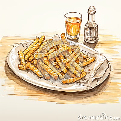 Detailed Crosshatched French Fries And Drinks On White Plate Cartoon Illustration