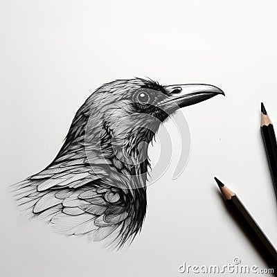 Detailed Crow's Head Drawing: Stark Black-and-white Photography And Vibrant Illustrations Cartoon Illustration