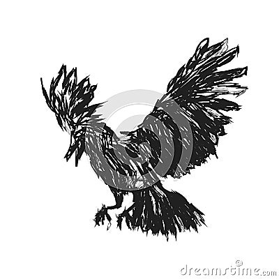 Detailed crows painted in ink on a white background. Crow wings, grunge. A detailed raven with wings. Shades of gray. - Vector Cartoon Illustration