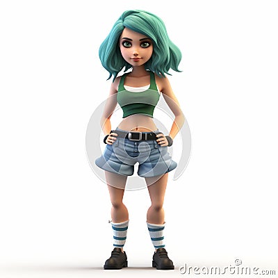 Detailed 3d Cg Animation Of Jennifer: Green-haired Girl In Shorts Stock Photo