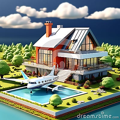 Detailed 3D Render: Isometric Illustrated House on a Plane Background Stock Photo