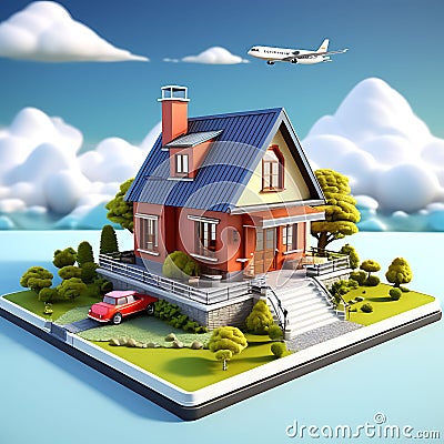 Detailed 3D Render: Isometric Illustrated House on a Plane Background Stock Photo