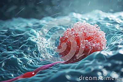 Detailed 3D rendering of a cancer cell division in vibrant blue fluid under top-left lighting Stock Photo