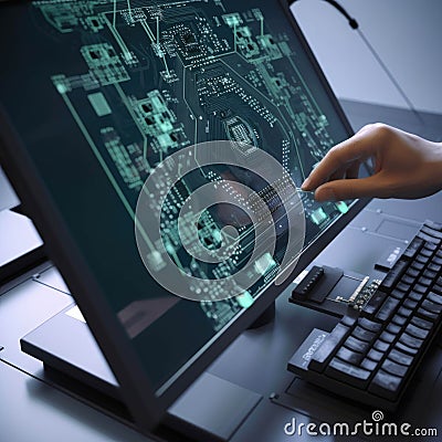 A detailed 3D rendering of an intricate circuit board displayed on a computer monitor as a technician inputs a command Stock Photo
