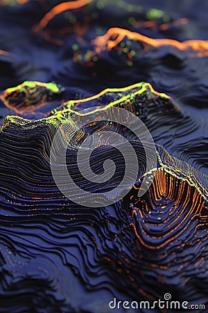 A detailed 3D topographic map visualizing GIS data clusters with connectivity. Stock Photo