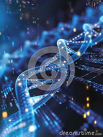 A detailed depiction of a DNA strand enhanced with digital overlays, showcasing binary code and data streams Stock Photo