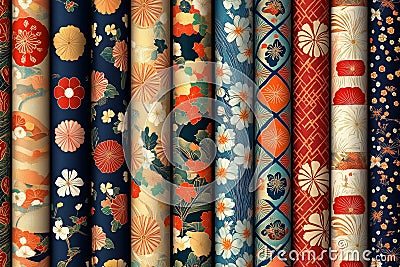 traditional Japan pattern arranged in vertical rows with different patterns between each other Stock Photo
