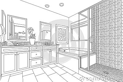 Detailed Drawing of A Custom Master Bathroom on White Stock Photo