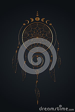 Detailed dreamcatcher with mandala ornament and Moon Phases. Gold Mystic symbol, Ethnic art with native American Indian boho style Vector Illustration