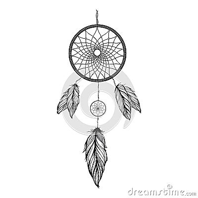 Detailed dreamcatcher with ornament on a white background. Vector Illustration
