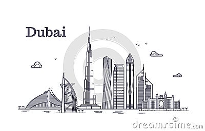 Detailed dubai line vector cityscape with skyscrapers. Uae landmark skyline Vector Illustration