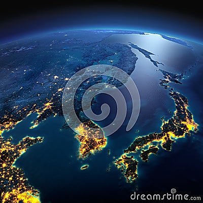 Detailed Earth. Korea and Japan on a moonlit night Stock Photo